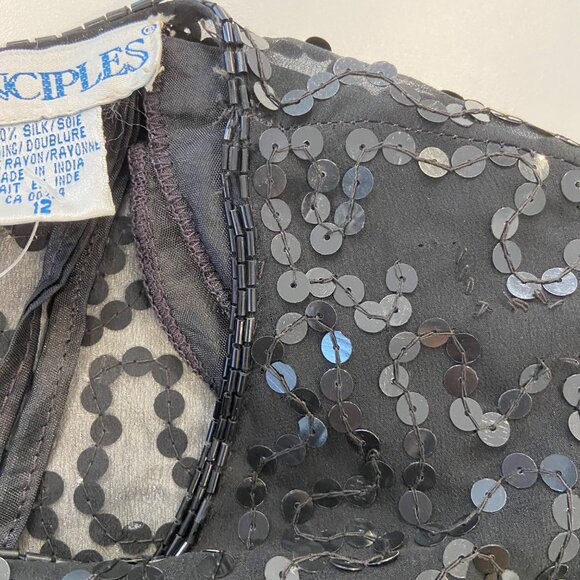 NWT Vintage Principles Black Cocktail Dress Silk Sequin Short Sleeve Sheer Back - Picture 15 of 16